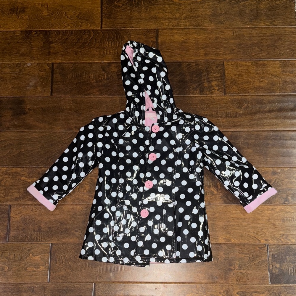 Kids Headquarters Hooded Black Polka Dot Raincoat with Pink Accents